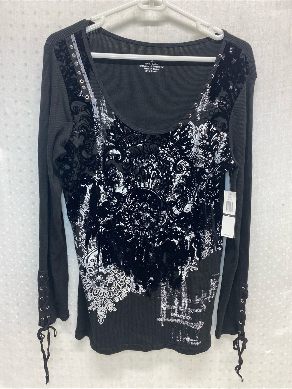 Whimsigoth Black Long Sleeve Scoop Neck Flock Printed Top W/ Lace-Up Sleeves Y2K